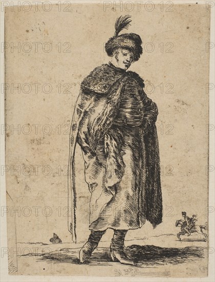 Polish man with a mustache wearing a fur coat and a hat with a feather, ca. 1648. Creator: Stefano della Bella.