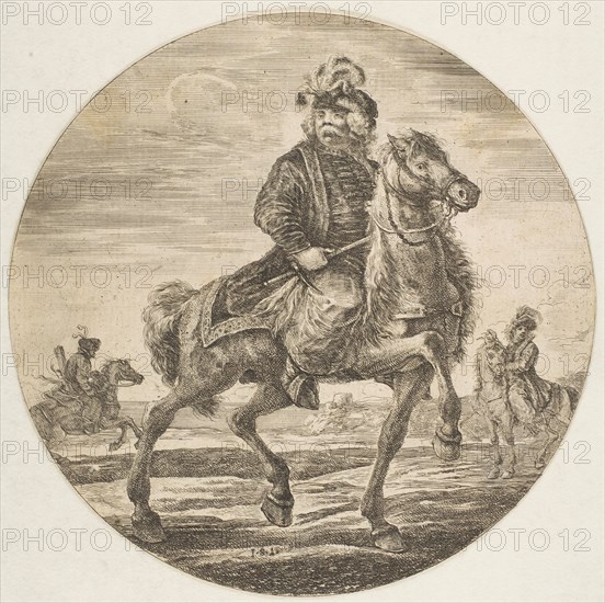 Hungarian horseman riding towards the right, other horsemen in the background, a circu..., ca. 1651. Creator: Stefano della Bella.