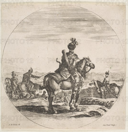 Polish horseman with a bow and arrow, seen from behind with his horse facing right, a ..., ca. 1651. Creator: Stefano della Bella.