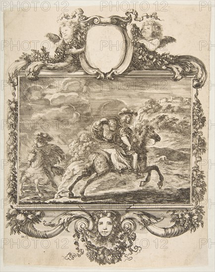 A cavalier and a lady on horseback, within an ornate border decorated with fruit and c..., ca. 1655. Creator: Stefano della Bella.