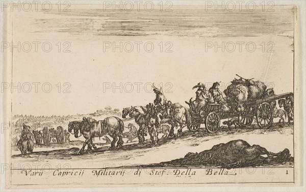 Plate 1: a horse drawn cart carrying people and goods, dead horse in the foreground, f..., ca. 1641. Creator: Stefano della Bella.