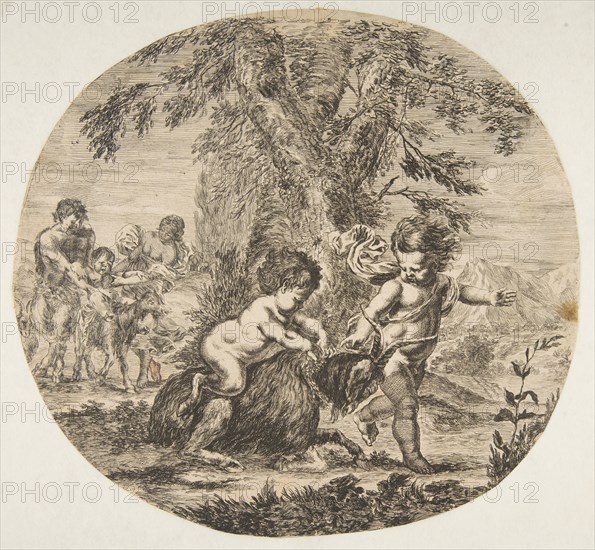 A child and a satyr child playing with a goat, ca. 1657. Creator: Stefano della Bella.