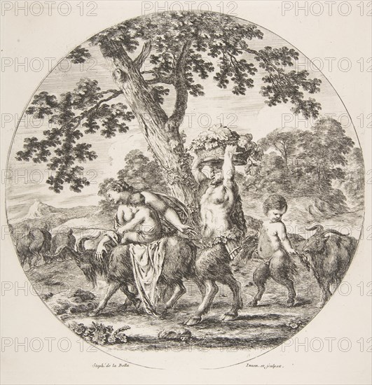 Satyr family walking towards the left with two goats and a basket of grapes, ca. 1657. Creator: Stefano della Bella.