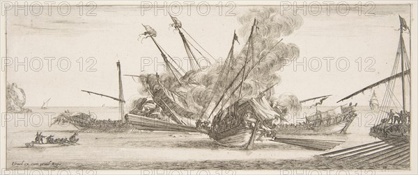 Naval combat, a ship at center, seen from behind, firing at four enemy ships, another ..., ca. 1641. Creator: Stefano della Bella.