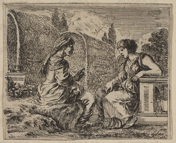 Vertumnus and Pomona, from 'Game of Mythology' (Jeu de la Mythologie), 1644. Creator: Stefano della Bella.
