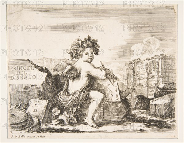 Plate 1: the genius of drawing, a child with wings, seated on a rock in center turn..., ca. 1641-43. Creator: Stefano della Bella.