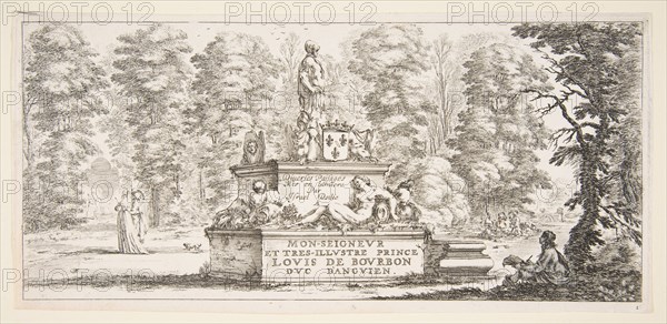 Plate 1: a monument with statues and a coat of arms in the center, a draughstman on th..., ca. 1643. Creator: Stefano della Bella.