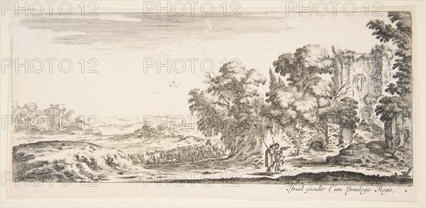 Plate 4: two pilgrims observing ruins to right, one pointing towards the right, a shep..., ca. 1641. Creator: Stefano della Bella.