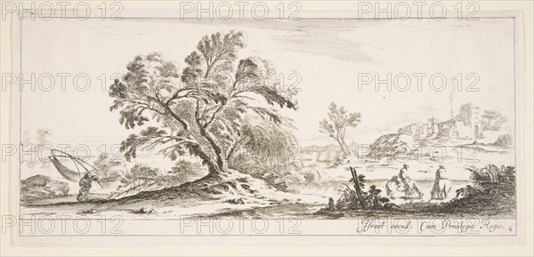 Plate 6: a fisherman carrying a net to left, two horsemen in a stream to right, a tree..., ca. 1641. Creator: Stefano della Bella.