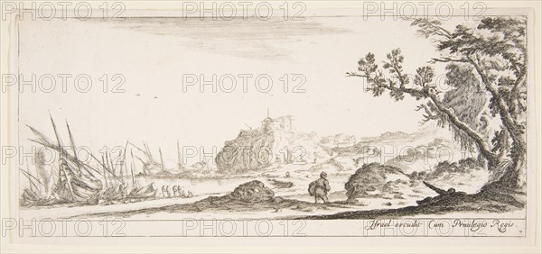Plate 7: various boats on shore to left, a man carrying a bag, seen from behind and wa..., ca. 1641. Creator: Stefano della Bella.