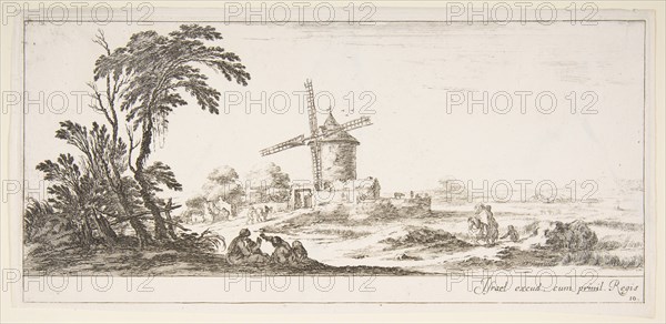Plate 10: a family in center foreground, various figures and horses in middleground, a..., ca. 1641. Creator: Stefano della Bella.