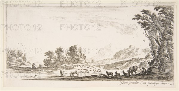 Plate 11: shepherdess seated to the right under a tree, watching her flock to the left..., ca. 1641. Creator: Stefano della Bella.