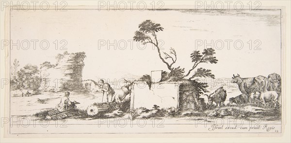 Plate 12: a seated draughtsman to left, a standing shepherd next to him to right, ruin..., ca. 1641. Creator: Stefano della Bella.