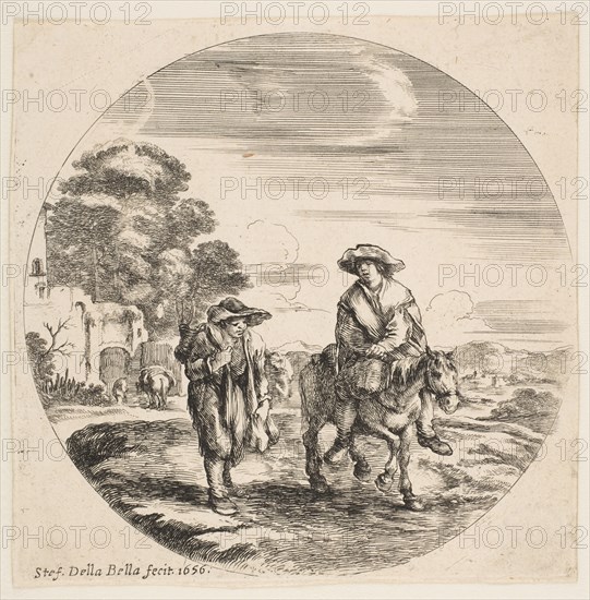 Landscape with Two Peasants, One Riding a Horse, from 'Landscapes and seaports' (Paysages ..., 1656. Creator: Stefano della Bella.