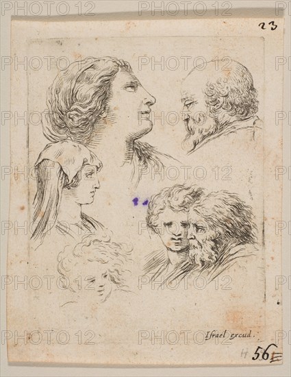 Plate 9: five heads, two young women at left, a bearded man at upper right, a young wo..., ca. 1649. Creator: Stefano della Bella.