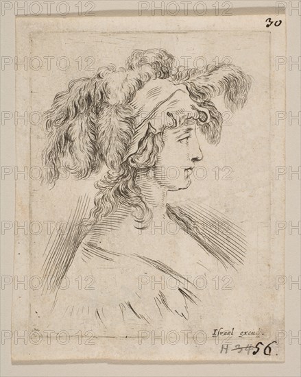 Plate 15: mid-bust of a young woman in profile wearing a hat topped with feathers, fro..., ca. 1649. Creator: Stefano della Bella.