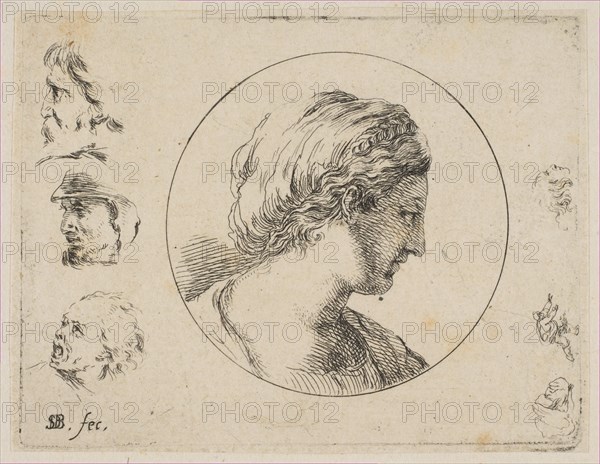 Plate 4: Head of a Woman in Profile, from 'Second collection of various doodles and et..., ca. 1646. Creator: Stefano della Bella.