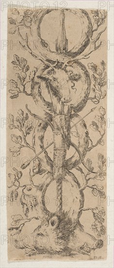 Heads of a Stag and Two Boars in Rinceaux of Oak Branches, ca. 1653. Creator: Stefano della Bella.