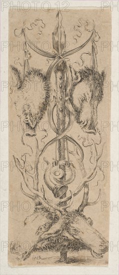 Hunting Trophy with Stag Heads at Bottom, ca. 1653. Creator: Stefano della Bella.