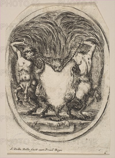 Cartouche Formed by a Tiger Skin Flanked by Two Centaurs, 1647. Creator: Stefano della Bella.