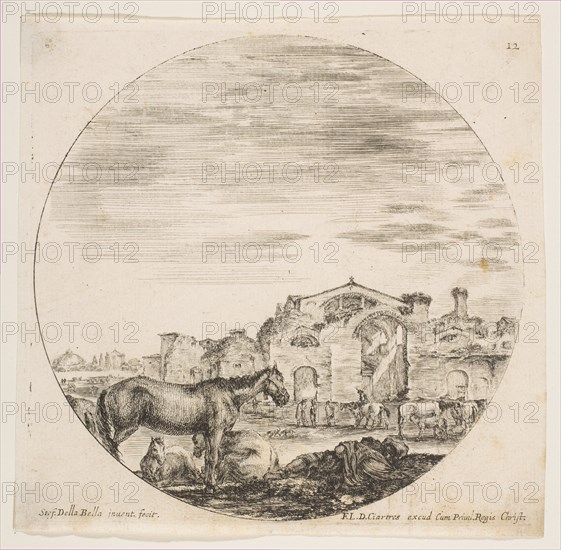 Plate 12: a shepherd sleeping on the ground at right, three horses at left, other hors..., ca. 1646. Creator: Stefano della Bella.