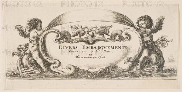 Frontispiece: cartouche at center, putti on either side riding on dolphins, from 'V..., ca. 1646-47. Creator: Stefano della Bella.