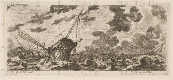 Plate 6: three ships in a storm, from 'Various Embarkations'
