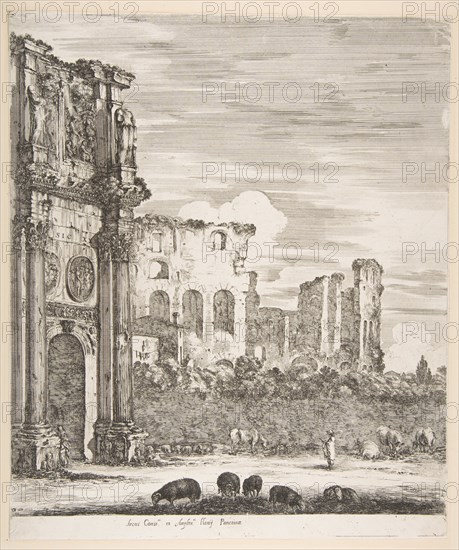 Arch of Constantine and Colosseum with sheep grazing in foreground, from 'Six large views..., 1656. Creator: Stefano della Bella.