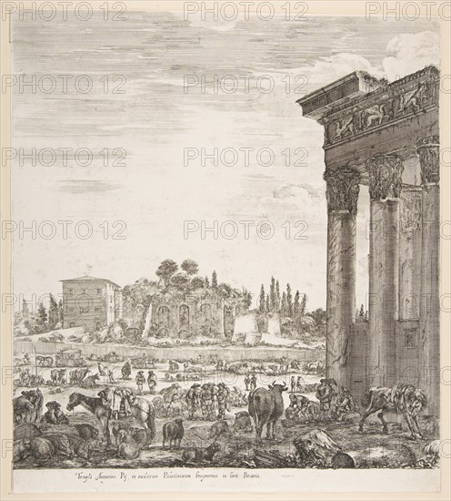 The columns of the Temple of Antoninus to right, a part of the Campo Vaccino in center and..., 1656. Creator: Stefano della Bella.