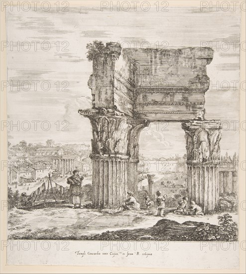 The Temple of Vespasian and the Roman Forum, from 'Six large views, four of Rome, and two ..., 1656. Creator: Stefano della Bella.