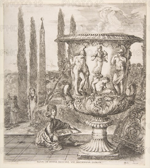 The Medici vase, a large vase to right decorated with a representation of the sacrifice of..., 1656. Creator: Stefano della Bella.