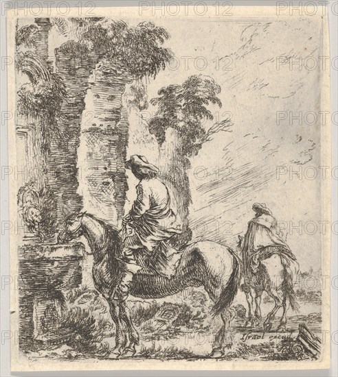 Plate 19: a rider making his horse drink from a basin of a fountain at left, another h..., ca. 1646. Creator: Stefano della Bella.