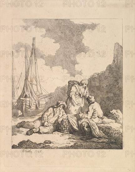 Fishermen by the Shore - Coastal Scene with a Man Sitting on the Ground Resting an Elbow o..., 1786. Creator: Thomas Rowlandson.