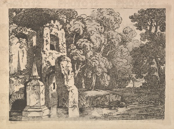 Ruins Next to a Pool in a Wooded Landscape, 1783-84. Creator: Thomas Rowlandson.