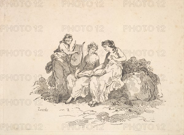Harmony - Two Nymphs Singing, Another Playing a Lyre, 1784-88. Creator: Thomas Rowlandson.