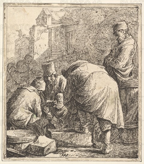 Man Adjusting His Footwear, at Left Three Men Playing Cards, 1630-77. Creator: Thomas Wijck.