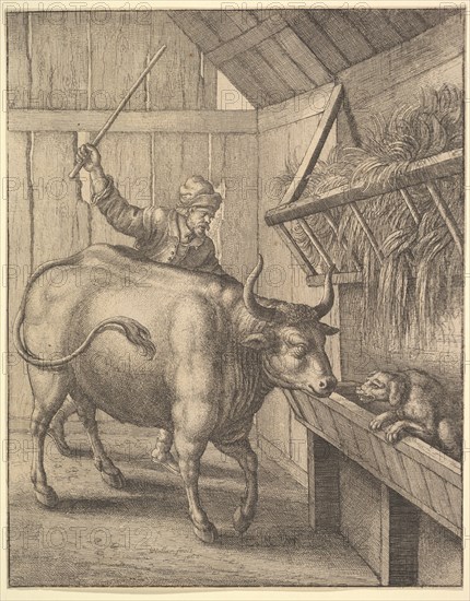 The dog in the manger from illustration to John Ogilby's 'Æsopic's: Or A Second Collection..., 1666. Creator: Wenceslaus Hollar.