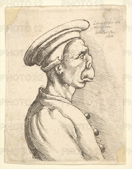 Bust of a man with a flat nose and protruding mouth, wearing flat cap and buttoned coat in..., 1660. Creator: Wenceslaus Hollar.