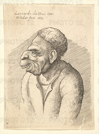 Bust of a man with hooked nose, prominent upper lip, open mouth and short curly hair..., 1665. Creator: Wenceslaus Hollar.