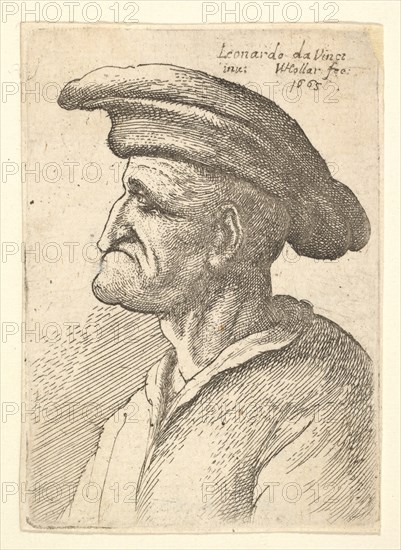 Bust of elderly man with nose that meets his lower lip, wearing wide flat cap in profile t..., 1665. Creator: Wenceslaus Hollar.