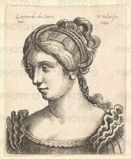 Bust of a woman looking downwards towards left with elaborately decorated hair, 1648. Creator: Wenceslaus Hollar.