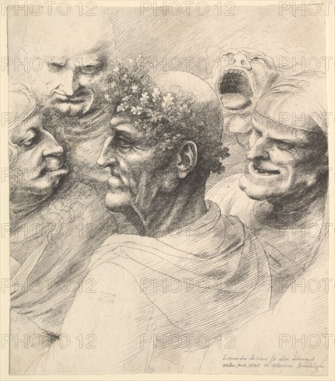 Five grotesque heads, including an elderly man with an oak leaf wreath, 1646. Creator: Wenceslaus Hollar.