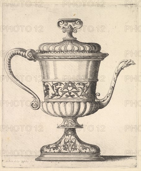 Jug with lid, engraved with arabesque pattern, the narrow spout to right ending in snak..., 1625-77. Creator: Wenceslaus Hollar.