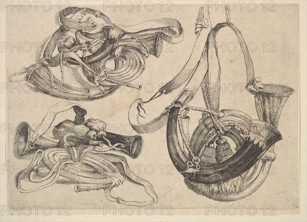 Seven hunting horns in three groupings, 1625-77. Creator: Wenceslaus Hollar.