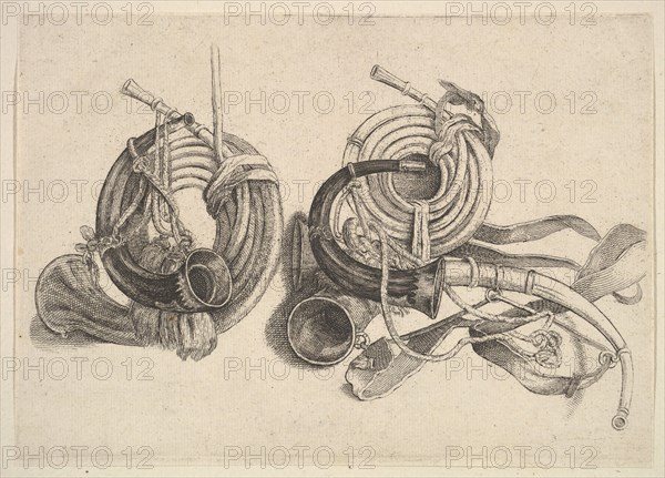 Five hunting horns, 1625-77. Creator: Wenceslaus Hollar.