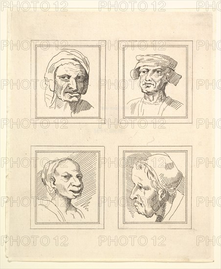 Four Heads (from Characaturas by Leonardo da Vinci, from Drawings by Wincelslaus Hollar, o..., 1786. Creator: Unknown.