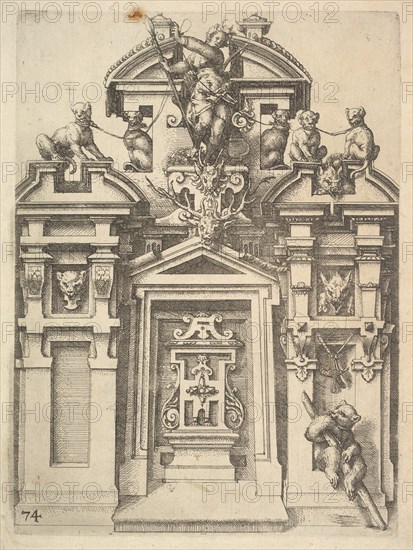 Design for an Architectural Structure with a Hunting Theme , Plate 74 from Dietterlin's Ar..., 1598. Creator: Wendel Dietterlin the Elder.