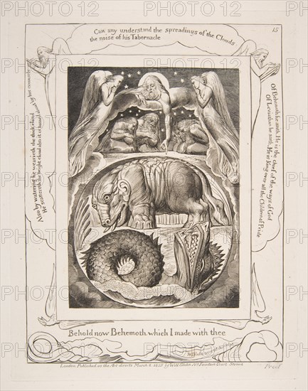 Behemoth and Leviathan, from Illustrations of the Book of Job, 1825-26. Creator: William Blake.