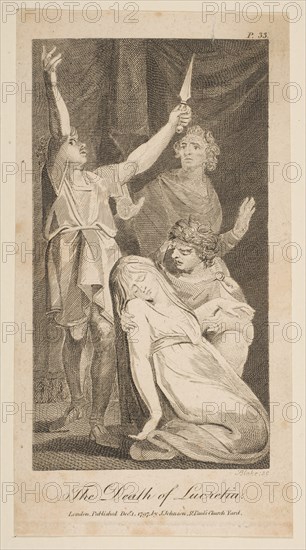 The Death of Lucretia, from Allen's New and Impartial Roman History, 1797. Creator: William Blake.