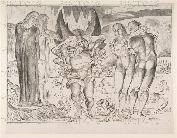 Circle of Theives: Agnello Brunelleschi Attacked By a Six-Footed Serpent, from Dan..., ca. 1825-27. Creator: William Blake.